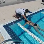 Freediving instructor supervising static apnea training in Playitas Fuerteventura